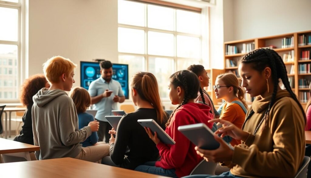 A bright, airy classroom with large windows and modern furniture. In the foreground, a group of diverse students intently engaged with their digital devices, faces lit by the glow of innovative learning technology. The middle ground features a teacher guiding the students, using a touchscreen display to demonstrate interactive learning materials. In the background, shelves of books and educational resources complement the high-tech setting, creating an atmosphere of blended learning. The lighting is warm and natural, casting a sense of inspiration and possibility. The overall scene conveys a vision of forward-thinking, student-centered education powered by cutting-edge technology.