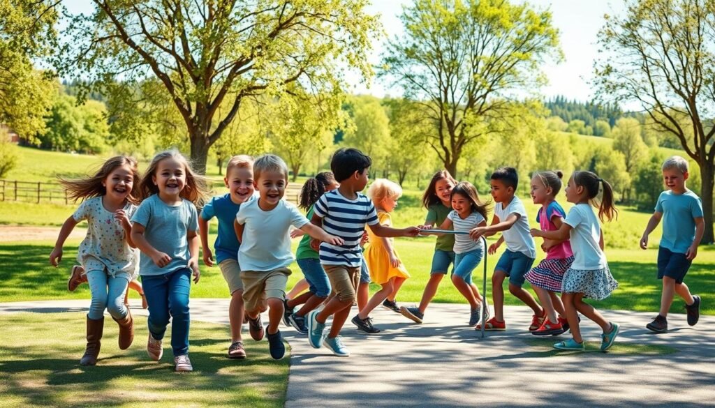 A group of young children enthusiastically engaged in a lively social game on a sun-dappled playground. In the foreground, a cluster of friends giggling and chasing each other, their expressions animated with joy. The middle ground features a diverse mix of boys and girls taking turns at a collaborative activity, their movements coordinated and cooperative. In the background, a verdant landscape with lush trees and a clear blue sky, creating a tranquil, nurturing environment. Warm, soft lighting filters through the scene, evoking a sense of warmth and camaraderie. The composition captures the vibrant, social nature of children's playtime, reflecting their natural inclination to connect and interact with their peers.