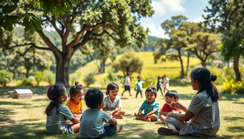 A tranquil, sun-dappled schoolyard where young children, ages 0-12, engage in thoughtful, character-building activities. In the foreground, a group of students seated in a circle, their faces alight with curiosity as they listen intently to their teacher, who guides them through a lesson on empathy and respect. In the middle ground, other students can be seen playing cooperative games, their laughter and camaraderie filling the air. The background is a lush, verdant landscape, with towering trees and a clear, azure sky, conveying a sense of serenity and growth. The lighting is soft and natural, casting a warm, inviting glow over the entire scene. This image perfectly captures the essence of "Pendidikan Karakter sejak Dini," where character development is fostered in a nurturing, educational environment.