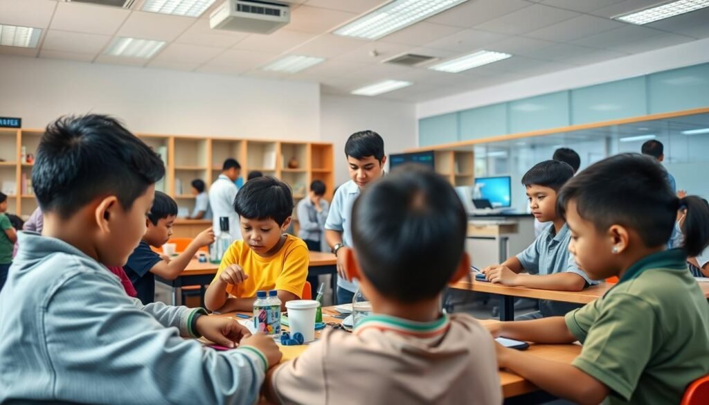A vibrant classroom setting in Indonesia, with students engaged in a range of innovative learning activities. In the foreground, a group of students collaborating on a hands-on project, utilizing various tools and materials. In the middle ground, another group is gathered around a teacher, who is guiding them through an interactive digital presentation. The background features a well-equipped science lab, where students are conducting experiments with the latest technology. The lighting is warm and natural, creating a welcoming and stimulating atmosphere. The angle captures the dynamic energy of the space, showcasing the diverse ways in which innovative teaching methods are being implemented to enhance the quality of student learning.