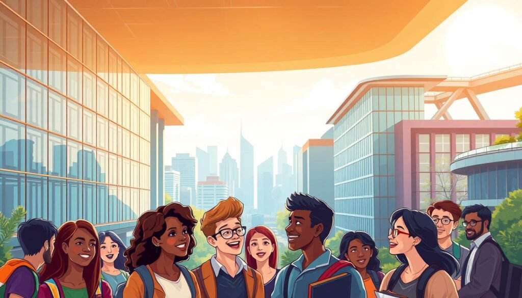 A vibrant illustration showcasing the GrabScholar program. In the foreground, a group of diverse, ambitious students are gathered, their expressions animated as they engage in discussions and collaborative work. Behind them, a sleek, modern university campus comes into view, its architecture a blend of glass, steel, and natural elements. The background features a dynamic cityscape, with skyscrapers and infrastructure symbolizing the support and opportunities offered by the GrabScholar initiative. Warm, natural lighting casts a welcoming glow, conveying a sense of empowerment and growth. The overall scene captures the essence of the GrabScholar program - providing transformative educational experiences and resources to empower the next generation of leaders.