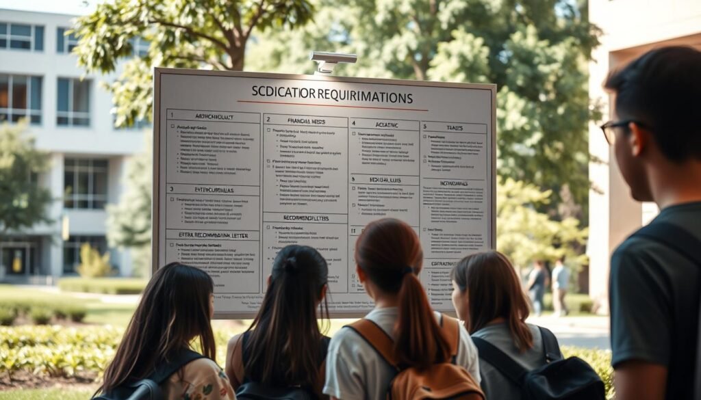 A well-lit college campus scene, with a central focus on a bulletin board displaying various scholarship requirements and application details. The board has neatly organized sections highlighting academic qualifications, financial needs, extracurricular activities, and recommendation letters. In the foreground, students are gathered around the board, examining the information with a sense of determination. The background features modern academic buildings and lush greenery, conveying an atmosphere of educational excellence and opportunity. The lighting is soft and natural, casting a warm glow over the entire scene, inspiring a feeling of hope and possibility for those seeking educational advancement.