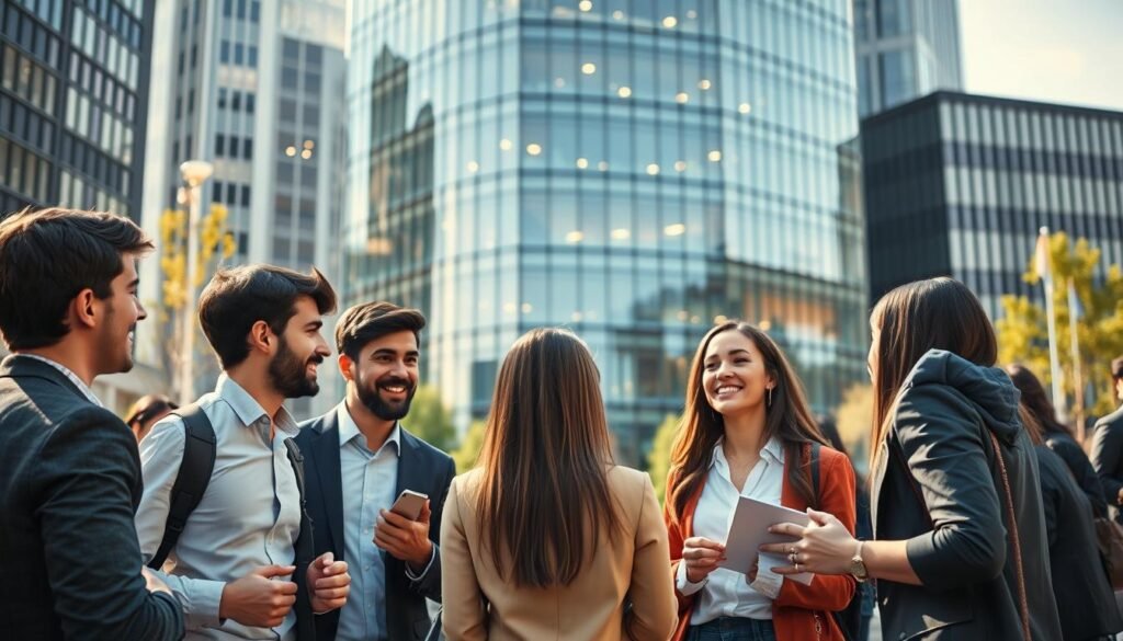 A bustling urban scene with a group of university students collaborating with business leaders in a vibrant, professional setting. In the foreground, young men and women in business attire are engaged in animated discussions, sharing ideas and exchanging insights. In the middle ground, a sleek, modern office building serves as the backdrop, its glass façade reflecting the energy of the scene. The lighting is warm and inviting, creating a sense of productivity and cooperation. The overall atmosphere conveys a spirit of innovation, where the academic and corporate worlds intersect to drive progress and development within the community.