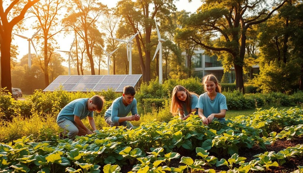 A lush, verdant landscape with towering trees and flourishing foliage. In the foreground, a group of students engaged in a sustainable gardening project, tending to a thriving vegetable patch. They work with care and dedication, their expressions focused and determined. In the middle ground, a collection of renewable energy sources, such as solar panels and wind turbines, blend seamlessly into the scene. The background showcases a modern, eco-friendly building, its architecture designed to minimize environmental impact. Warm, natural lighting filters through the scene, casting a serene and hopeful atmosphere. The overall impression is one of harmony between human endeavor and the natural world, embodying the role of students in promoting environmental sustainability.