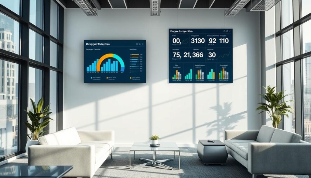 A modern office interior with a focus on the factors influencing workplace dynamics. Sleek, minimalist furniture in neutral tones set against a backdrop of large windows, allowing natural light to flood the space. A data visualization dashboard on a wall-mounted screen displays key metrics related to job location and its impact on employee compensation. The atmosphere is one of productivity and innovation, with subtle nods to the tech industry's emphasis on data-driven decision making. The composition highlights the interplay between the physical work environment and the financial factors that shape career trajectories in the digital age.