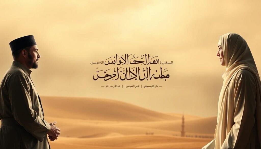 A serene and tranquil scene depicting the principles of Islamic finance. In the foreground, two figures dressed in traditional Islamic attire engage in a thoughtful discussion, their expressions conveying a sense of mutual understanding and respect. The middle ground features elegant Arabic calligraphy, representing the guiding principles of Sharia-compliant transactions. In the background, a muted, earthy palette evokes a timeless, contemplative atmosphere, complemented by the soft, diffused lighting that creates a sense of warmth and spirituality. The overall composition emphasizes the harmony between Islamic teachings and practical financial practices, inviting the viewer to reflect on the intersection of faith and commerce.