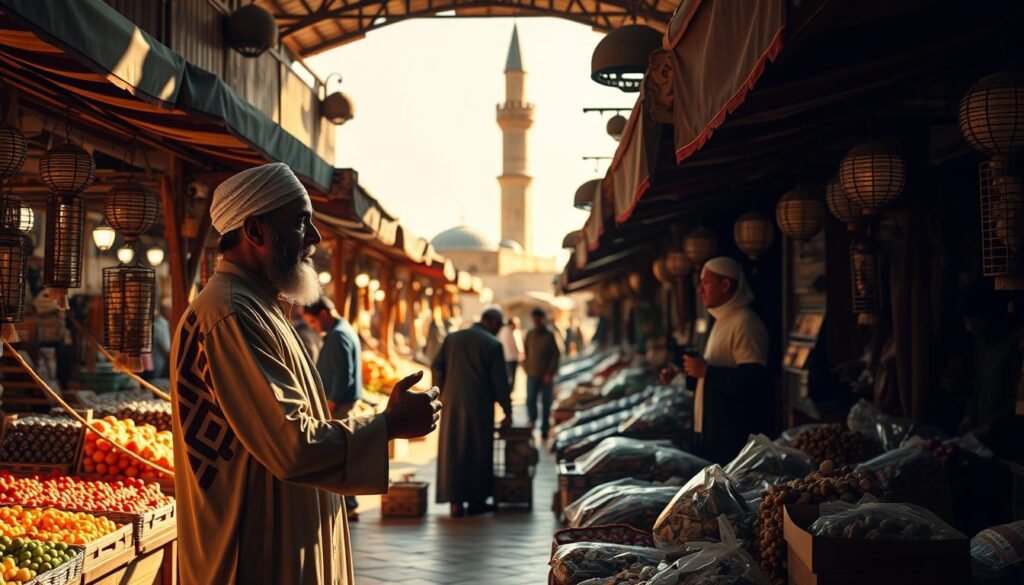 A serene marketplace in a traditional Islamic setting, with sun-dappled stalls showcasing an array of goods. In the foreground, a merchant in traditional garb engages in a respectful transaction with a customer, their hands clasped in a gesture of trust and mutual understanding. The middle ground features other vendors tending to their wares, while in the background, a minaret rises, casting a warm glow over the scene. The lighting is soft and ambient, evoking a sense of tranquility and the timeless rhythm of daily commerce guided by the principles of Islamic faith.