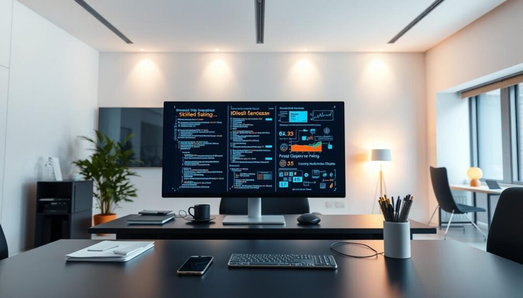 A sleek, modern office environment with a focus on cutting-edge technology. In the foreground, a tidy desk showcases a high-end computer, smartphone, and other essential tech tools. Soft, directional lighting casts a warm glow, creating a productive and professional atmosphere. In the middle ground, a large display screen depicts various programming languages, algorithms, and data visualizations, representing the core skills of a skilled programmer. The background features minimalist, geometric architecture with clean lines and neutral tones, emphasizing the importance of technology and innovation. The overall scene conveys the prioritization of valuable tech expertise and its direct correlation to earning potential.