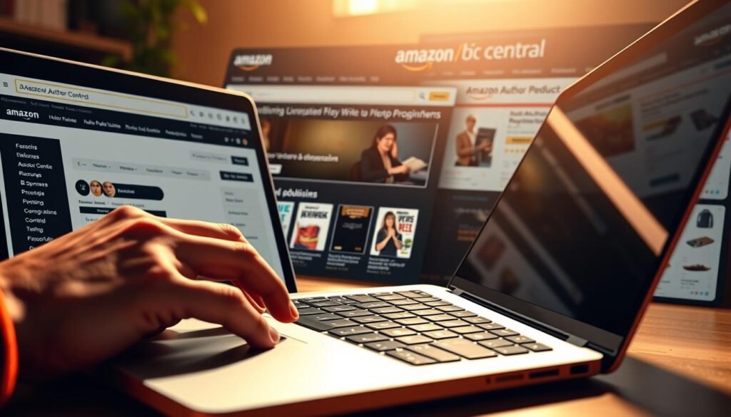 A vibrant, visually striking image showcasing the key features of Amazon's publishing and advertising tools. In the foreground, an author's hand operates a sleek, modern laptop, navigating the Amazon Kindle Direct Publishing (KDP) dashboard. The middle ground depicts the Amazon Author Central portal, with a writer's profile and book listings prominently displayed. In the background, a series of targeted Amazon ads and sponsored products are visible, highlighting the various monetization opportunities. The scene is bathed in a warm, golden light, conveying a sense of productivity, opportunity, and financial success. The overall composition should inspire and inform readers about effectively leveraging Amazon's ecosystem to generate income through self-publishing and advertising.