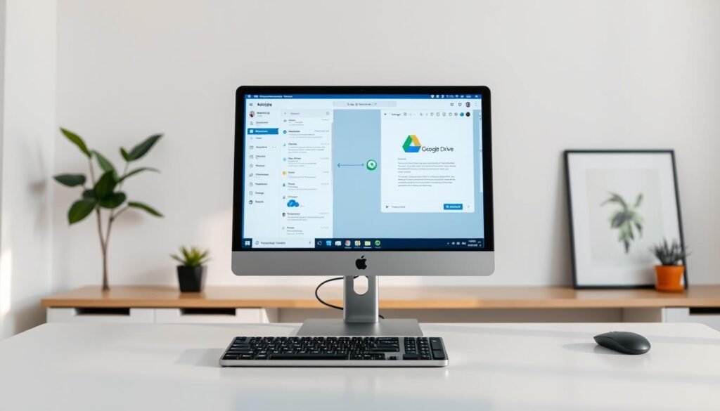 A clean, minimalist workspace with a computer monitor displaying an integration between a chat application and a Google Drive document. The monitor is positioned on a sleek, modern desk, with a keyboard and mouse in the foreground. The lighting is soft and natural, creating a calm, productive atmosphere. In the background, subtle visual cues such as a plant or a framed artwork add a touch of personalization to the scene. The overall composition conveys efficiency, seamless collaboration, and a balanced work environment.