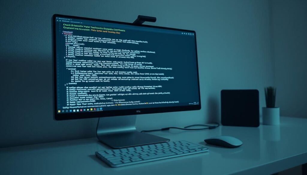 A clean, well-organized workspace with a desktop computer, keyboard, and mouse. The screen displays a code editor with lines of code in a monospace font, with syntax highlighting and clean indentation. Soft, ambient lighting illuminates the scene, creating a focused and productive atmosphere. The camera angle is positioned slightly above and to the side, capturing the workspace from an ergonomic perspective. The overall composition emphasizes the importance of thoughtful design and layout for efficient QR code scanning.