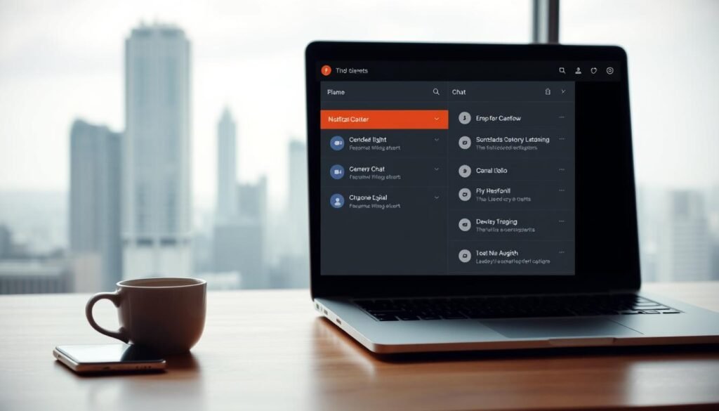 A minimalist workspace with a laptop, smartphone, and a cup of coffee on a wooden desk. The lighting is soft and diffused, creating a calm and focused atmosphere. The middle ground features a notification center displaying email, chat, and calendar alerts in a clean, organized interface. In the background, a blurred cityscape with skyscrapers suggests a professional, urban setting. The overall composition conveys a balanced approach to managing digital distractions and maintaining productivity.