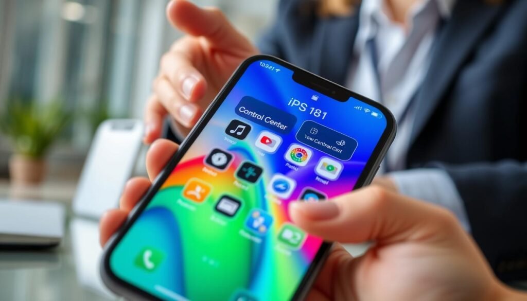 A modern smartphone lock screen displaying the new control center features of iOS 18. In the foreground, the phone is partially tilted to showcase the vibrant lock screen interface with bold, sleek icons and a dynamic background. The middle ground captures a hand reaching out to interact with the screen, dressed in professional business attire. The background is a softly blurred office setting, hinting at a productive atmosphere. Soft, natural lighting illuminates the scene, enhancing the clarity and colors of the interface. The overall mood is innovative and professional, emphasizing the excitement of using cutting-edge technology.