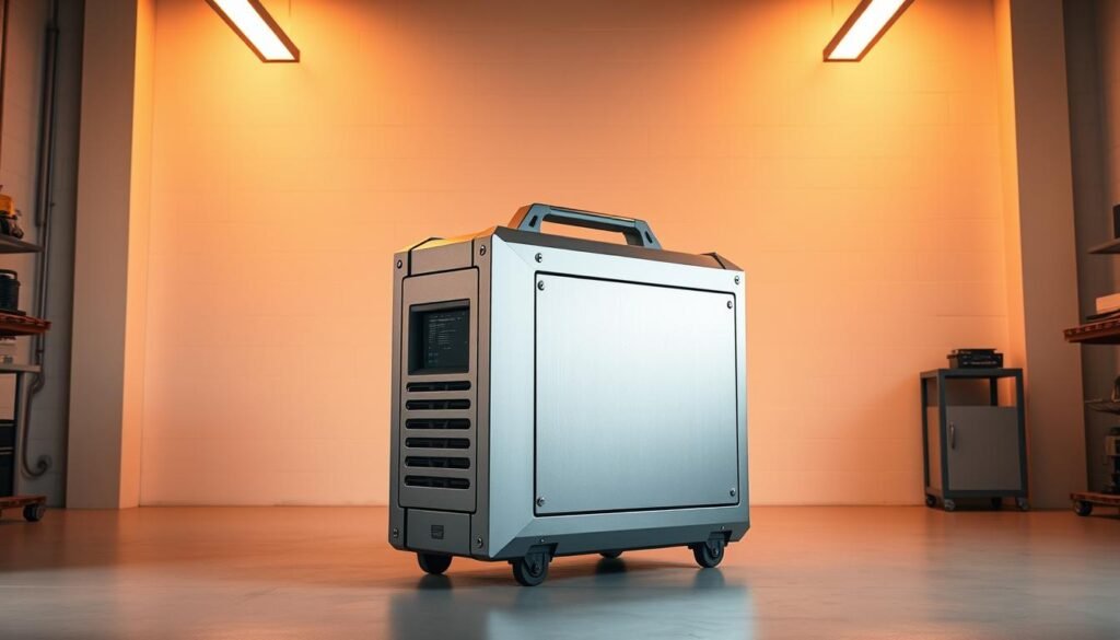 A sleek, modern generator stands in a well-lit, minimalist workshop. The metallic casing gleams under warm, directional lighting, casting dramatic shadows that accentuate its angular design. The generator is the focal point, positioned prominently against a clean, white background that allows it to take center stage. The lighting is balanced, creating a sense of depth and dimension, while maintaining a clean, professional appearance suitable for an illustration in a technical article. The overall mood is one of efficiency, functionality, and attention to detail - capturing the essence of a reliable, offline tool for generating QR codes.