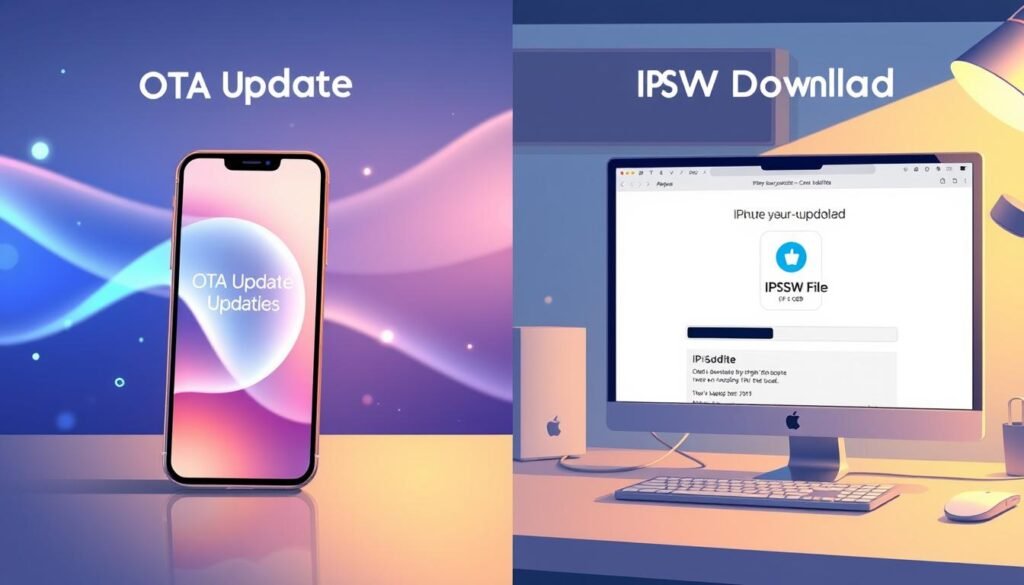 A split-screen illustration depicting "OTA Update" on one side and "IPSW Download" on the other. On the left, show a smartphone displaying a smooth, animated OTA update process, with soft blue light glowing from the screen and abstract data streams in the background, suggesting a seamless software upgrade. On the right, visualize a computer screen showing a detailed download page for an IPSW file, emphasizing its 6 GB size, with a progress bar indicating an ongoing download. The background should have a modern tech workspace ambiance with a desk, laptop, and some Apple branding elements subtly included. Use warm and cool lighting to contrast the two sides, creating a dynamic yet harmonious atmosphere, capturing the essence of the update processes in a clean and professional manner.