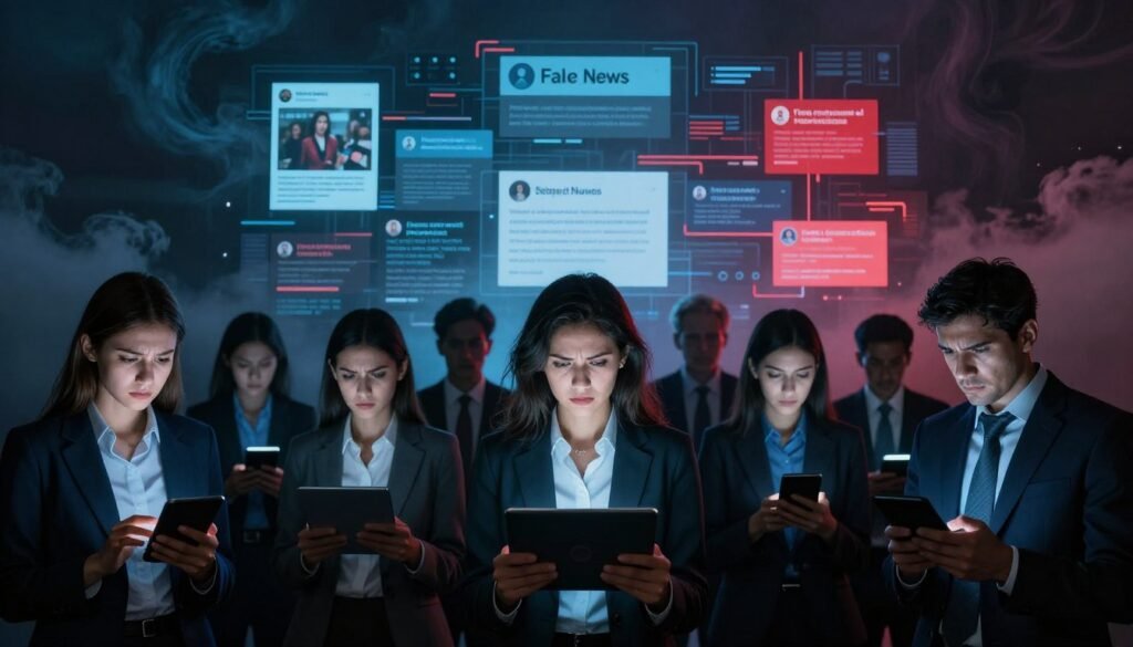 A dark, chaotic digital landscape serves as the backdrop, filled with swirling clouds of misinformation and deception. In the foreground, a group of diverse individuals in professional business attire are gathered, their expressions intense and concerned as they navigate through their devices—tablets and smartphones—showing indicators of fake news and hoaxes. The middle layer features fragmented screens displaying misleading headlines and social media posts, illuminated by eerie, glowing lights in shades of blue and red, creating a sense of urgency. The atmosphere is tense and somber, as shadows loom over the scene, symbolizing the impact of digital chaos on the electoral process. Use dramatic lighting that highlights the stressed faces of the people, captured with a slightly low-angle perspective to emphasize their determination in confronting the issue.