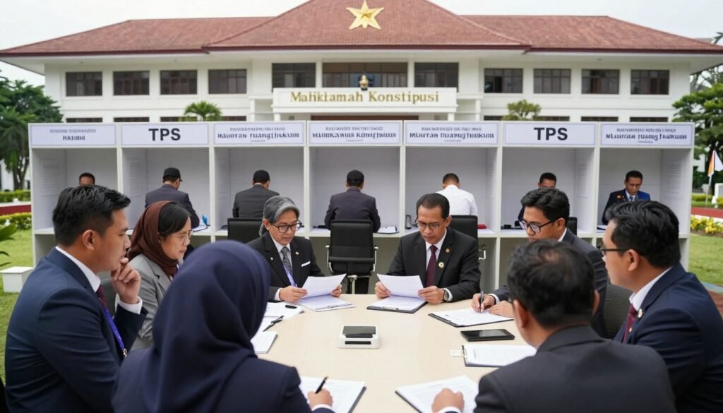 A detailed representation of a legal setting illustrating "aturan ruang hukum" in Indonesia. In the foreground, a diverse group of professionals in business attire engages in a methodical discussion around a large table filled with legal documents. In the middle, a well-organized polling station (TPS) is depicted, showcasing officials diligently working with voters, surrounded by clear signage indicating the voting process. The background features an imposing building representing the Mahkamah Konstitusi, illuminated by soft, natural lighting that creates a serious yet hopeful atmosphere. The scene captures a blend of tension and purpose, emphasizing the importance of legal processes in election integrity. The angle is slightly elevated for a comprehensive view, ensuring clarity in the depicted interactions and setting.