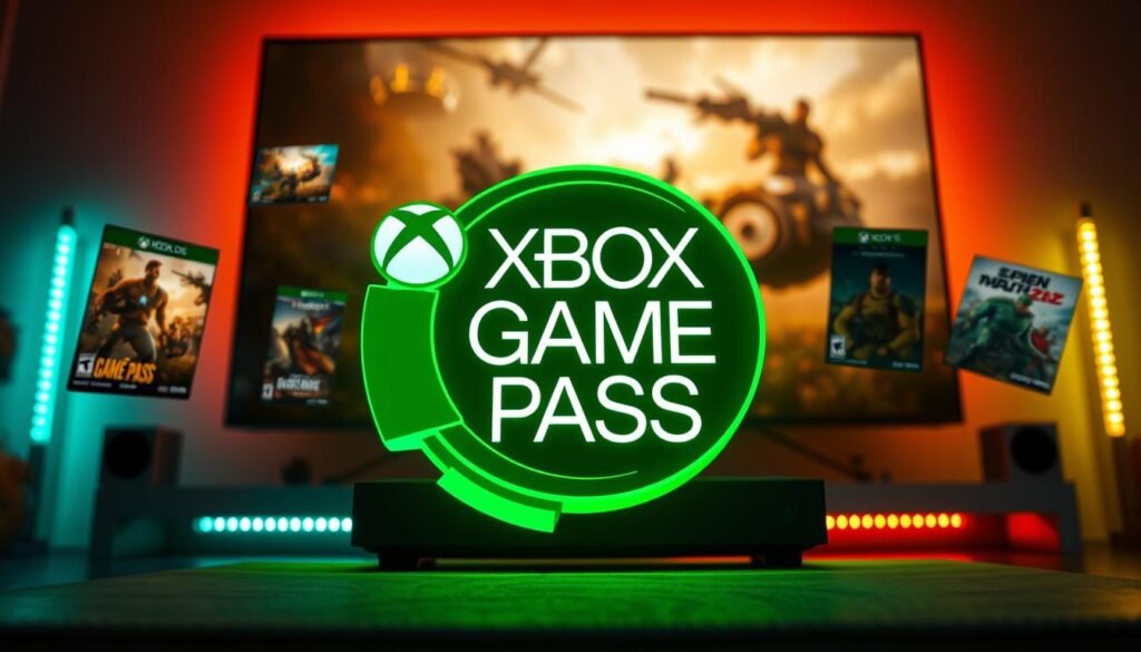 A high-resolution image showcasing the Xbox Game Pass logo prominently in the foreground, glowing with a vibrant green hue. Surrounding the logo, various iconic game titles supported by FPS Boost, illustrated as dynamic floating game cases, with visible titles and artwork. The background features a softly blurred gaming setup, including an Xbox Series S console and a sleek television displaying an action-packed game scene, illuminated by ambient rainbow LED lights. The overall mood is energetic and immersive, capturing the excitement of next-gen gaming. The lighting is bright but soft, highlighting the logo and game cases while creating a warm and inviting atmosphere. The perspective is slightly tilted upward to give a dynamic feel, drawing the viewer’s attention to the Xbox Game Pass experience.