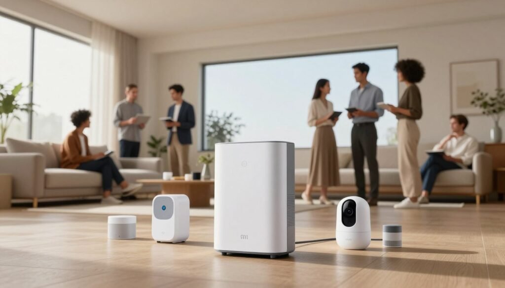 A modern, sleek Xiaomi smart home hub positioned prominently in the foreground, surrounded by various smart devices like lights, sensors, and security cameras. In the middle ground, a diverse group of individuals in professional attire engaging with the devices, showcasing integration and compatibility. The background features a stylish, minimalist living room setting with warm, natural lighting flooding in through large windows. The atmosphere is tech-savvy and futuristic, highlighting seamless connectivity. Use a wide-angle lens effect to capture the depth of the space, ensuring the focus remains on the smart home integration while providing context around it, illustrating an advanced smart home environment. A modern, sleek Xiaomi smart home hub positioned prominently in the foreground, surrounded by various smart devices like lights, sensors, and security cameras. In the middle ground, a diverse group of individuals in professional attire engaging with the devices, showcasing integration and compatibility. The background features a stylish, minimalist living room setting with warm, natural lighting flooding in through large windows. The atmosphere is tech-savvy and futuristic, highlighting seamless connectivity. Use a wide-angle lens effect to capture the depth of the space, ensuring the focus remains on the smart home integration while providing context around it, illustrating an advanced smart home environment.