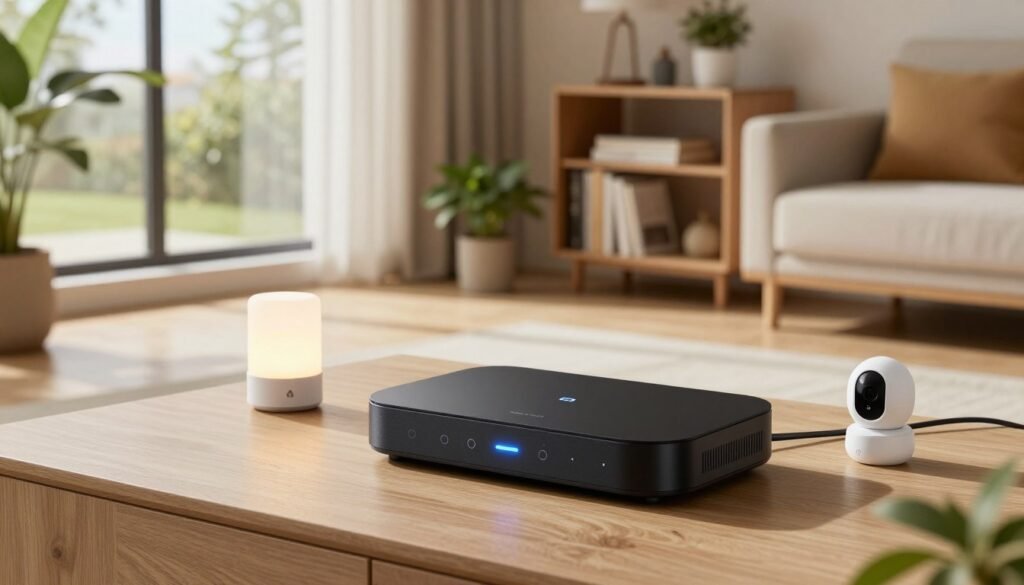 A sleek and modern Xiaomi Smart Home Hub, elegantly designed with a minimalist aesthetic, sits prominently in the foreground. The hub features a smooth black finish with softly glowing touch controls and a subtle LED display. Surrounding the hub are several smart devices, like smart bulbs and security cameras, all seamlessly integrated into a cozy living room environment. In the middle ground, a stylish bookshelf and potted plants add a touch of warmth, enhancing the homey atmosphere. Soft diffused lighting illuminates the space, creating a calm and inviting mood. The background features a large window revealing a serene exterior, with gentle natural light casting soft shadows. The scene is captured from a slightly elevated angle, offering a comprehensive view of the hub's design and its integration into everyday life. A sleek and modern Xiaomi Smart Home Hub, elegantly designed with a minimalist aesthetic, sits prominently in the foreground. The hub features a smooth black finish with softly glowing touch controls and a subtle LED display. Surrounding the hub are several smart devices, like smart bulbs and security cameras, all seamlessly integrated into a cozy living room environment. In the middle ground, a stylish bookshelf and potted plants add a touch of warmth, enhancing the homey atmosphere. Soft diffused lighting illuminates the space, creating a calm and inviting mood. The background features a large window revealing a serene exterior, with gentle natural light casting soft shadows. The scene is captured from a slightly elevated angle, offering a comprehensive view of the hub's design and its integration into everyday life.