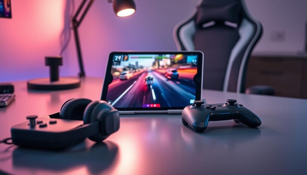 A sleek iPad Pro M1 lies on a modern desk, illuminated by soft, ambient lighting that enhances its polished display. In the foreground, a pair of wireless gaming headphones rests next to a game controller, showcasing the gaming ecosystem. The middle ground features the iPad's vibrant screen displaying an action-packed mobile game's graphics, highlighting the fluidity of the 120Hz refresh rate. A stylish gaming chair can be seen slightly blurred in the background, adding to the dynamic e-sports atmosphere. The overall mood is energetic and focused, capturing the excitement of mobile gaming competition. The scene is well-composed with a slight depth of field effect to emphasize the iPad and accessories, creating an engaging visual for the article's section on gaming apps and support. A sleek iPad Pro M1 lies on a modern desk, illuminated by soft, ambient lighting that enhances its polished display. In the foreground, a pair of wireless gaming headphones rests next to a game controller, showcasing the gaming ecosystem. The middle ground features the iPad's vibrant screen displaying an action-packed mobile game's graphics, highlighting the fluidity of the 120Hz refresh rate. A stylish gaming chair can be seen slightly blurred in the background, adding to the dynamic e-sports atmosphere. The overall mood is energetic and focused, capturing the excitement of mobile gaming competition. The scene is well-composed with a slight depth of field effect to emphasize the iPad and accessories, creating an engaging visual for the article's section on gaming apps and support.