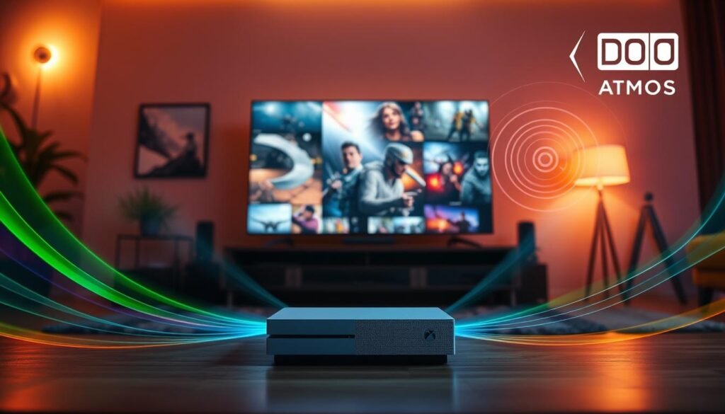 A vibrant, immersive audio-visual scene highlighting cutting-edge entertainment technology. In the foreground, a sleek Xbox Series S Dev Kit sits prominently, surrounded by ethereal sound waves emanating from it, visualized as colorful, flowing lines. The middle ground features a high-definition display showcasing vivid HDR graphics, bursting with color and detail, including action-packed scenes from various games. In the background, a stylish, modern living room setup, with soft ambient lighting to enhance the mood, subtly illustrates the immersive experience. Spatial sound elements depicted as concentric circles radiating outward, mixed with floating icons representing Dolby Vision and Dolby Atmos. Warm lighting creates a cozy atmosphere, promoting excitement and wonder. The angle captures the essence of an exhilarating gaming environment, inviting viewers to delve into a world of immersive entertainment.