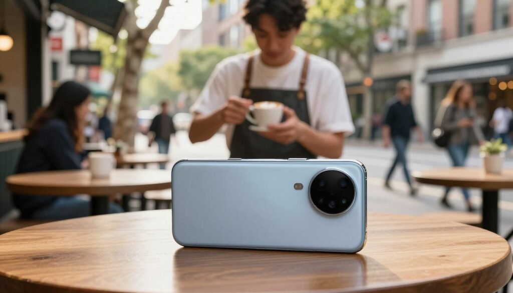 A modern smartphone camera system showcased in a dynamic urban setting, emphasizing its capabilities for daily photography. In the foreground, a sleek smartphone rests on a wooden café table, with its camera lens visibly highlighted. The middle ground features a barista capturing aesthetic coffee art with the smartphone, framed in a candid moment, wearing a professional apron. The background reveals a vibrant city street, softly blurred to create depth, with people walking, trees lining the sidewalk, and warm afternoon sunlight filtering through branches. The scene exudes a lively and inviting atmosphere, showcasing the smartphone’s practical use for everyday photography. The lighting is natural and bright, emphasizing the camera’s features in action without any text or logos. A modern smartphone camera system showcased in a dynamic urban setting, emphasizing its capabilities for daily photography. In the foreground, a sleek smartphone rests on a wooden café table, with its camera lens visibly highlighted. The middle ground features a barista capturing aesthetic coffee art with the smartphone, framed in a candid moment, wearing a professional apron. The background reveals a vibrant city street, softly blurred to create depth, with people walking, trees lining the sidewalk, and warm afternoon sunlight filtering through branches. The scene exudes a lively and inviting atmosphere, showcasing the smartphone’s practical use for everyday photography. The lighting is natural and bright, emphasizing the camera’s features in action without any text or logos.