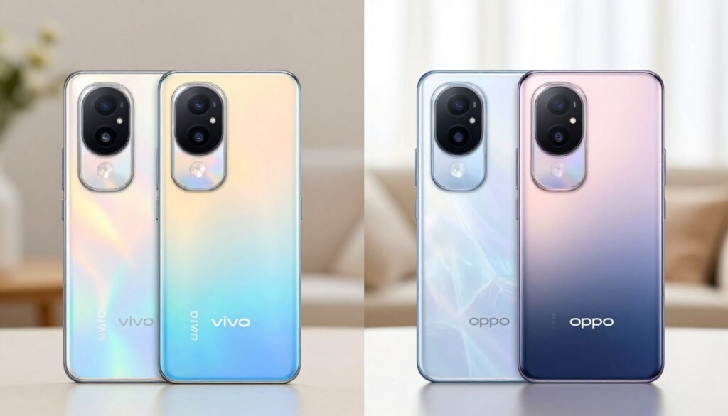 A side-by-side comparison image of the Vivo S18 and OPPO Reno 11 smartphones, showcasing their selfie camera features. In the foreground, display the Vivo S18 on the left, highlighted with a vibrant color and sleek design, and the OPPO Reno 11 on the right, featuring a modern aesthetic. The middle ground should include a shallow depth of field, focusing on the camera lenses of both devices. The background should be softly blurred, depicting a bright indoor setting with warm natural light illuminating the devices, creating an inviting and engaging atmosphere. The composition should emphasize clarity and detail, with a light reflection on the screens to highlight their advanced technology. A side-by-side comparison image of the Vivo S18 and OPPO Reno 11 smartphones, showcasing their selfie camera features. In the foreground, display the Vivo S18 on the left, highlighted with a vibrant color and sleek design, and the OPPO Reno 11 on the right, featuring a modern aesthetic. The middle ground should include a shallow depth of field, focusing on the camera lenses of both devices. The background should be softly blurred, depicting a bright indoor setting with warm natural light illuminating the devices, creating an inviting and engaging atmosphere. The composition should emphasize clarity and detail, with a light reflection on the screens to highlight their advanced technology.
