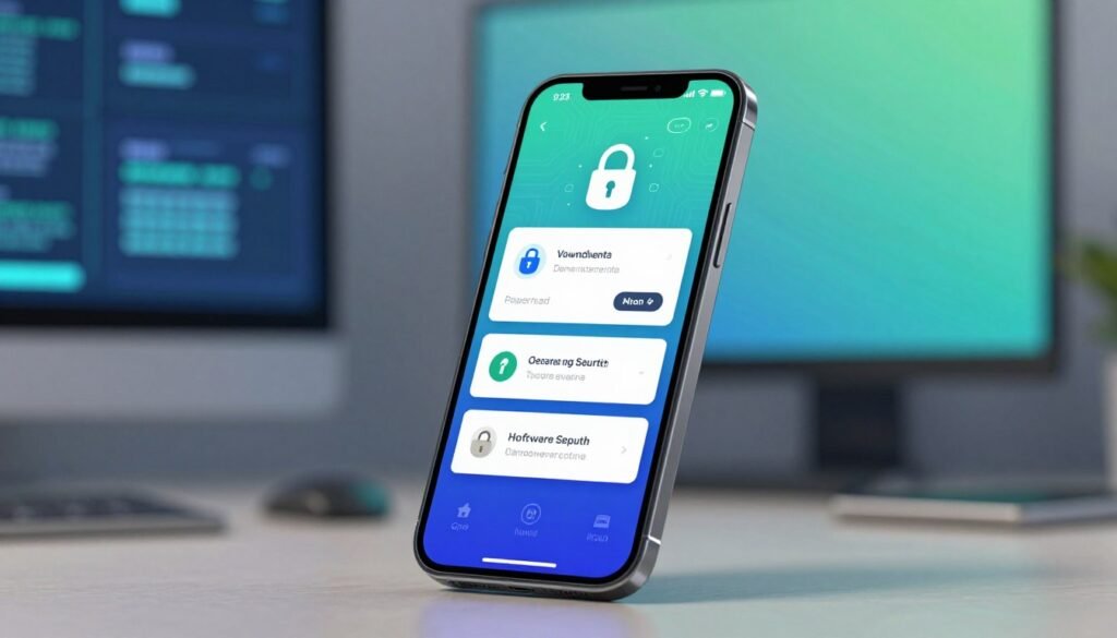 A sleek, modern smartphone display showcasing the latest software update notifications, symbolizing security and durability. In the foreground, the phone is angled slightly to offer a clear view of its vibrant screen with security icons and update graphics. The middle ground features a blurred, high-tech workspace with abstract digital elements and circuitry patterns suggesting advanced technology and software resilience. The background fades into a subtle gradient of blue and green hues, evoking a sense of trust and safety. Soft, diffused lighting illuminates the scene, creating a calm yet professional atmosphere. The overall mood reflects innovation and reliability, ideal for users prioritizing smartphone durability and security. A sleek, modern smartphone display showcasing the latest software update notifications, symbolizing security and durability. In the foreground, the phone is angled slightly to offer a clear view of its vibrant screen with security icons and update graphics. The middle ground features a blurred, high-tech workspace with abstract digital elements and circuitry patterns suggesting advanced technology and software resilience. The background fades into a subtle gradient of blue and green hues, evoking a sense of trust and safety. Soft, diffused lighting illuminates the scene, creating a calm yet professional atmosphere. The overall mood reflects innovation and reliability, ideal for users prioritizing smartphone durability and security.