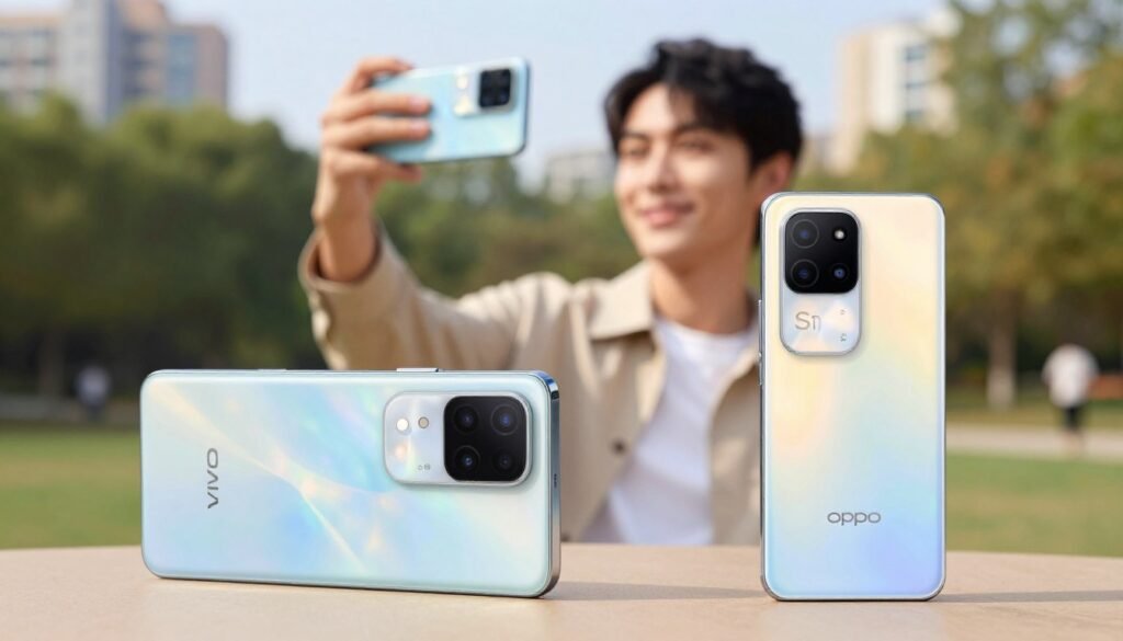 A vibrant comparing scene focusing on two smartphones, the Vivo S18 and OPPO Reno 11, prominently displayed in the foreground. Each phone showcases its sleek design, with a focus on the front-facing camera area to highlight selfie capabilities. A user, dressed in smart casual attire, is seen in the middle ground taking a selfie with both phones, capturing natural expressions and joy. The background features a soft-focus urban park setting, suggesting an ideal environment for capturing selfies. Soft, natural daylight illuminates the scene, creating a warm and inviting atmosphere. The angle focuses on eye level, giving a relatable perspective for viewers. The overall mood is friendly and engaging, emphasizing the fun of smartphone photography. A vibrant comparing scene focusing on two smartphones, the Vivo S18 and OPPO Reno 11, prominently displayed in the foreground. Each phone showcases its sleek design, with a focus on the front-facing camera area to highlight selfie capabilities. A user, dressed in smart casual attire, is seen in the middle ground taking a selfie with both phones, capturing natural expressions and joy. The background features a soft-focus urban park setting, suggesting an ideal environment for capturing selfies. Soft, natural daylight illuminates the scene, creating a warm and inviting atmosphere. The angle focuses on eye level, giving a relatable perspective for viewers. The overall mood is friendly and engaging, emphasizing the fun of smartphone photography.
